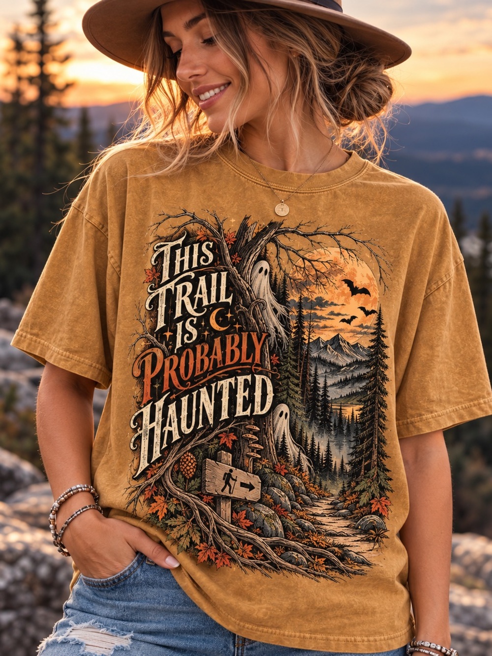 Spooky Season Mustard Graphic Tee - 'This Trail Is Probably Haunted'